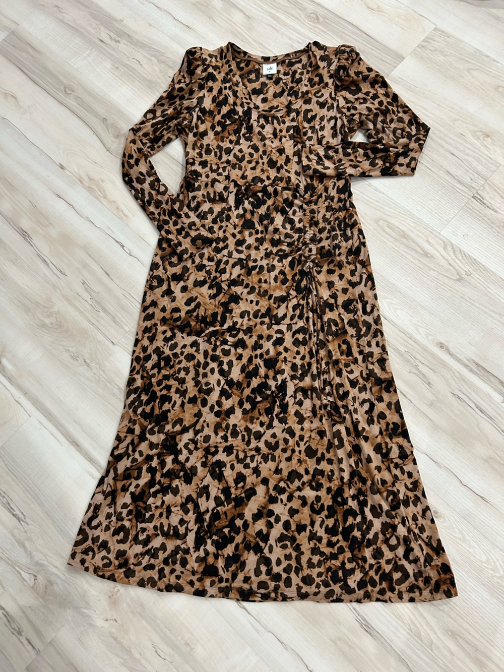 CAbi Leopard Print Wrap Maxi Dress in Brown and Black